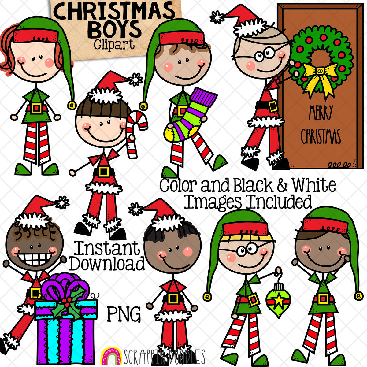 Christmas Clipart - Doodle Boys Christmas Time - Santa Claus Dress Up - Elf Kids - Elves