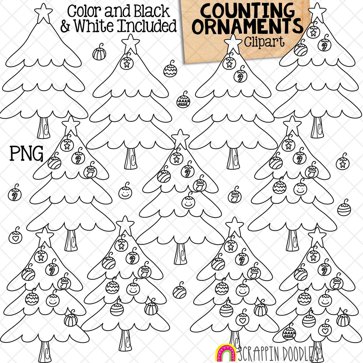 Counting Ornaments ClipArt - Christmas Ornaments on Tree - Seasonal Math Graphics - Commercial Use PNG