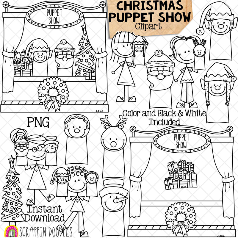 Christmas Puppet Show Clip Art - Puppets - Elf - Santa Claus - Reindeer - Snowman - Gingerbread - Stage - Kids with Puppets - Commercial Use