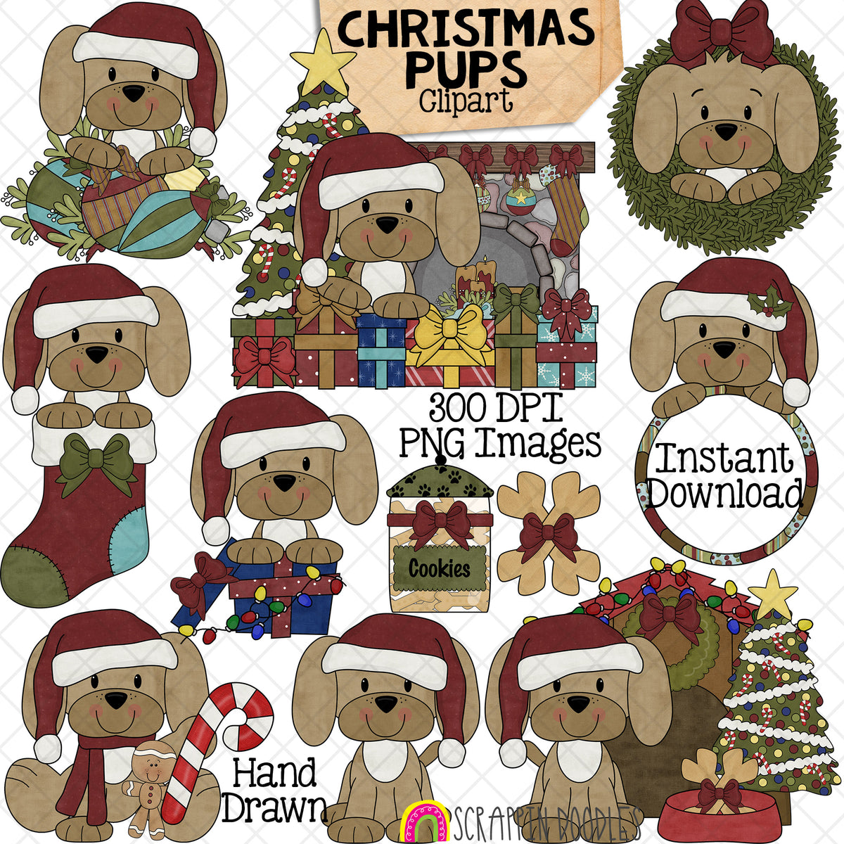 A collage of Christmas-themed clipart illustrations featuring cartoon puppy dogs in Santa hats, wrapped gifts, wreaths, stockings, cookies, candy canes, and decorated Christmas trees, with text reading 'Christmas Pups Clipart,' '300 DPI PNG Images,' 'Instant Download,' and 'Hand Drawn.'.