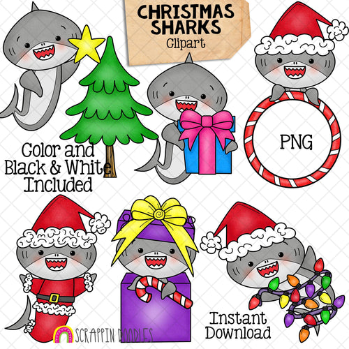 Christmas Sharks Clip Art - Grey Shark Clipart - Baby Shark - Commercial Use PNG Sublimation