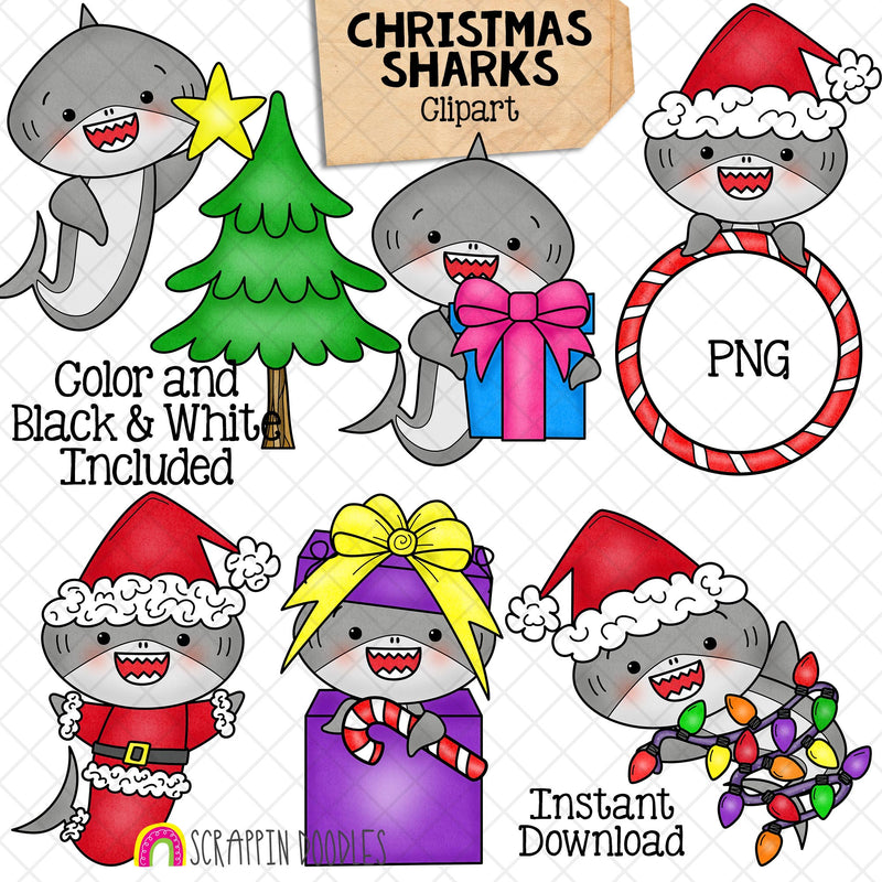 Christmas Sharks Clip Art - Grey Shark Clipart - Baby Shark - Commercial Use PNG Sublimation