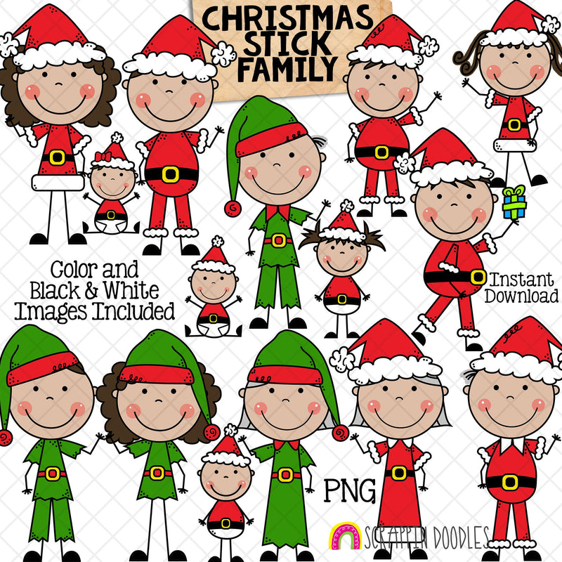 Christmas Stick Family Clip Art - Various Hair Colors - Stick Figures - Stick People Graphics - Family Christmas Card