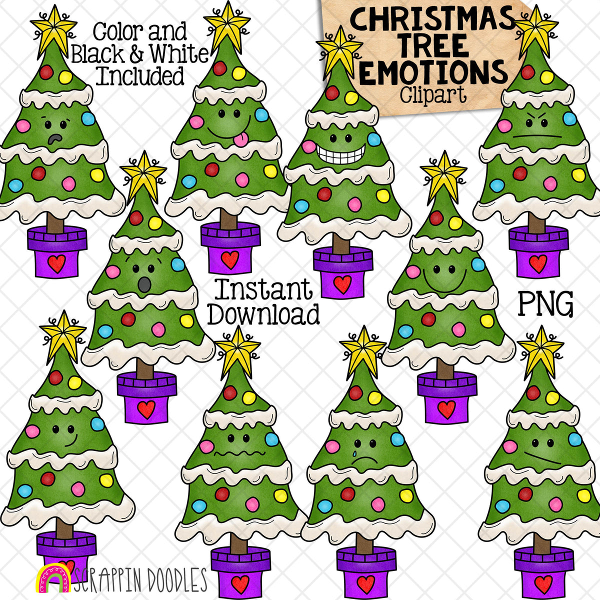 Christmas Tree Emotions Clip Art - Expression Clipart - Trees making different emotions - Commercial Use PNG Sublimation