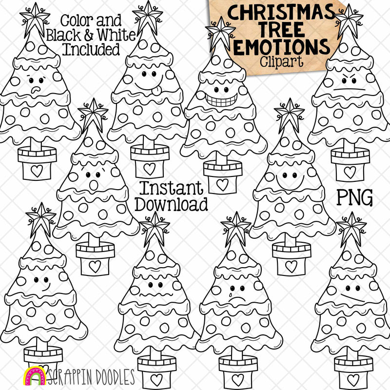 Christmas Tree Emotions Clip Art - Expression Clipart - Trees making different emotions - Commercial Use PNG Sublimation
