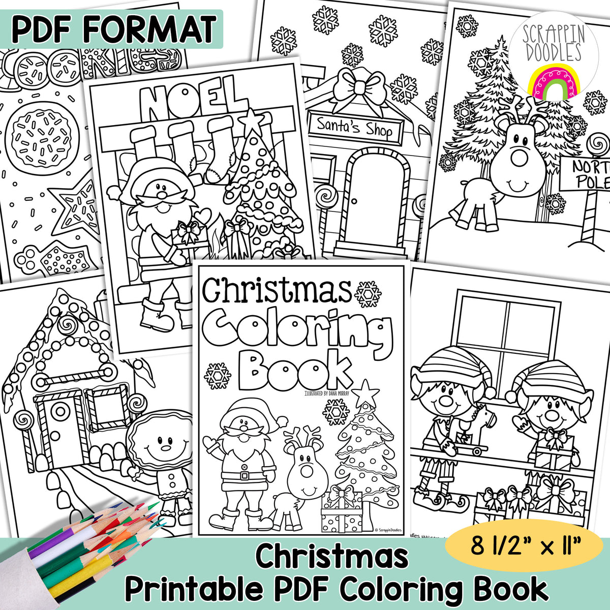 Promotional graphic for a printable Christmas coloring book in PDF format, showing multiple black-and-white holiday illustration pages with Santa, reindeer, snowman, gingerbread house, and festive scenes. Text reads 'PDF FORMAT,' 'Christmas Coloring Book,' 'Printable PDF Coloring Book,' and '8 1/2" x 11".