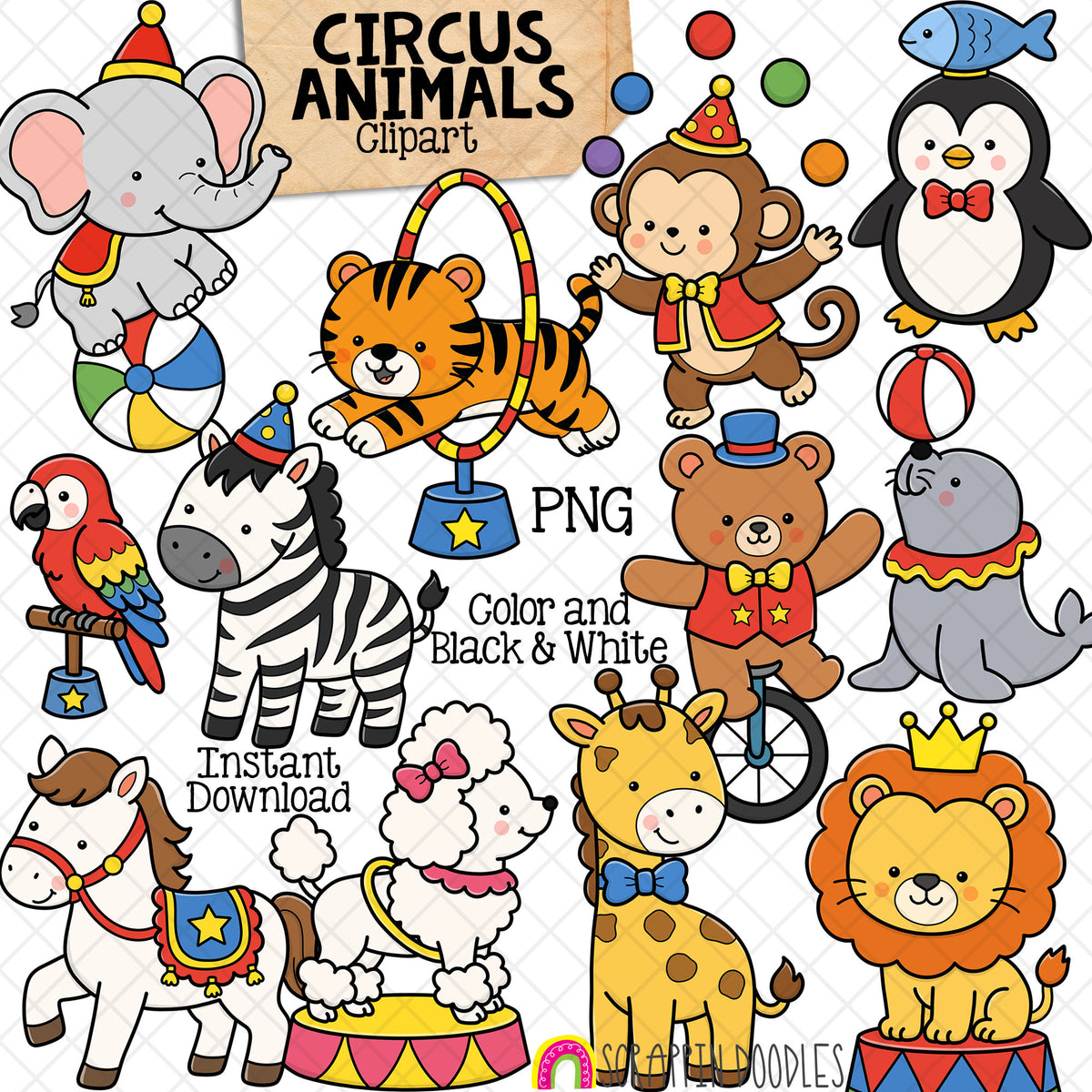 Circus Animals ClipArt - Day at the Circus - Performing Tricks - Commercial Use (Digital Download)