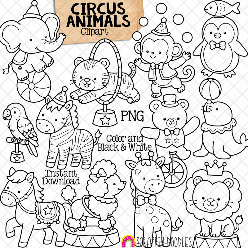 Circus Animals ClipArt - Day at the Circus - Performing Tricks - Commercial Use (Digital Download)