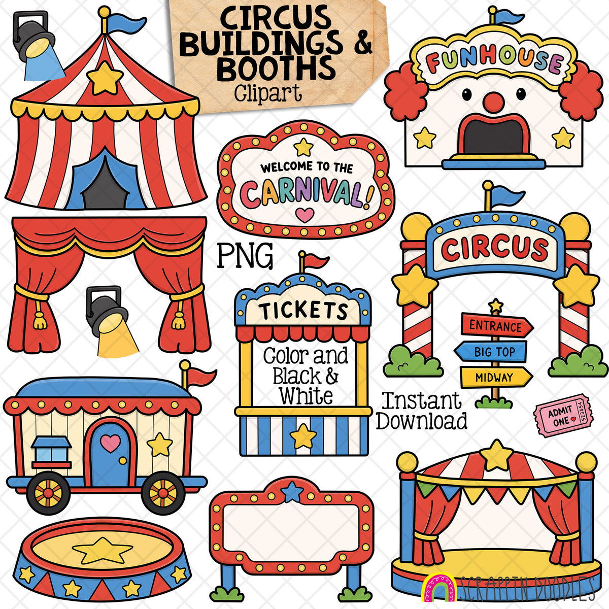 Circus Buildings and Booths ClipArt - Day at the Circus - BigTop - FunHouse - Ticket Booth - Commercial Use (Digital Download)