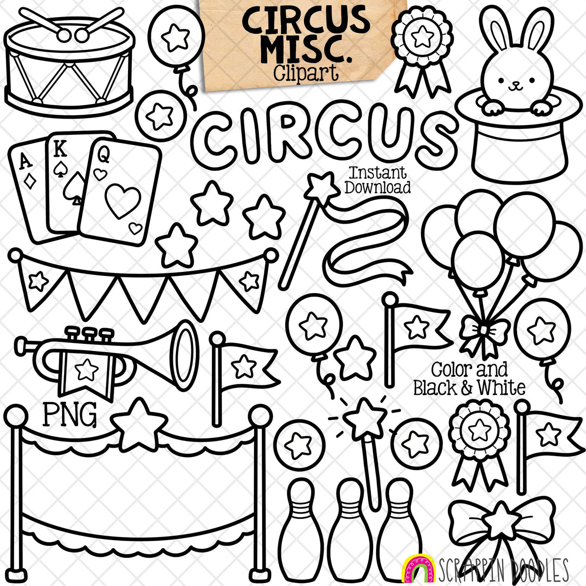 Circus ClipArt - Day at the Circus - Drum - Trumpet - Balls - Balloons - Commercial Use (Digital Download)