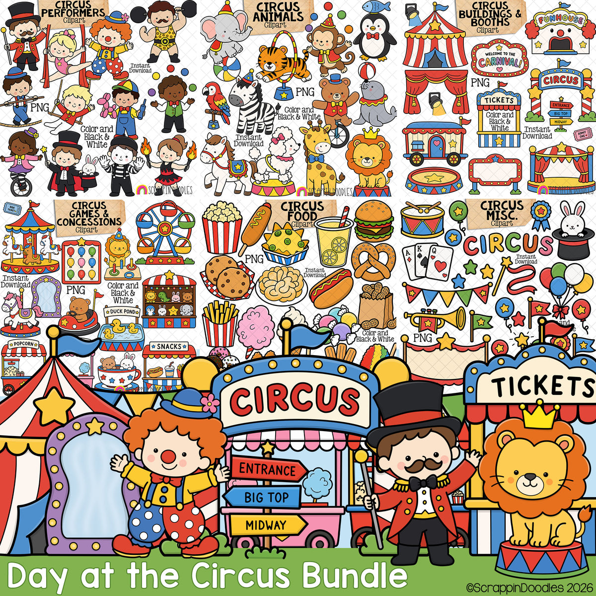 A colorful collage sheet titled 'Day at the Circus Bundle' filled with many cartoon circus-themed illustrations, including clowns, lions, elephants, acrobats, tickets, food, balloons, and signs. The design is highly multicolored with a white background and decorative text labels.