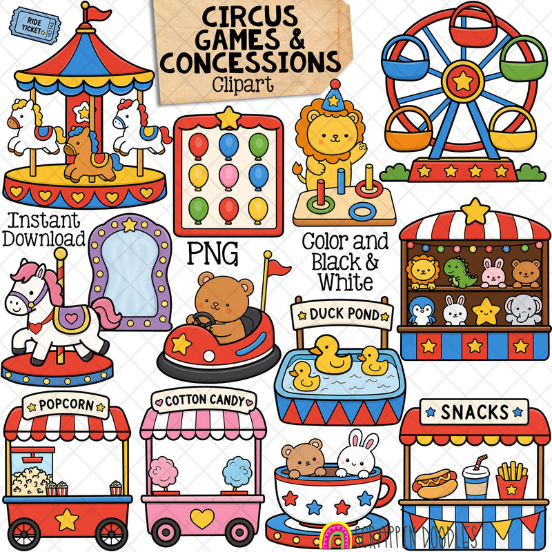 A digital clipart set featuring various carnival and fairground illustrations, including a carousel, Ferris wheel, lion toy, duck pond, popcorn stand, cotton candy cart, and snacks cart, with text labels such as 'CIRCUS GAMES & CONCESSIONS Clipart', 'PNG', and 'Color and Black & White'.