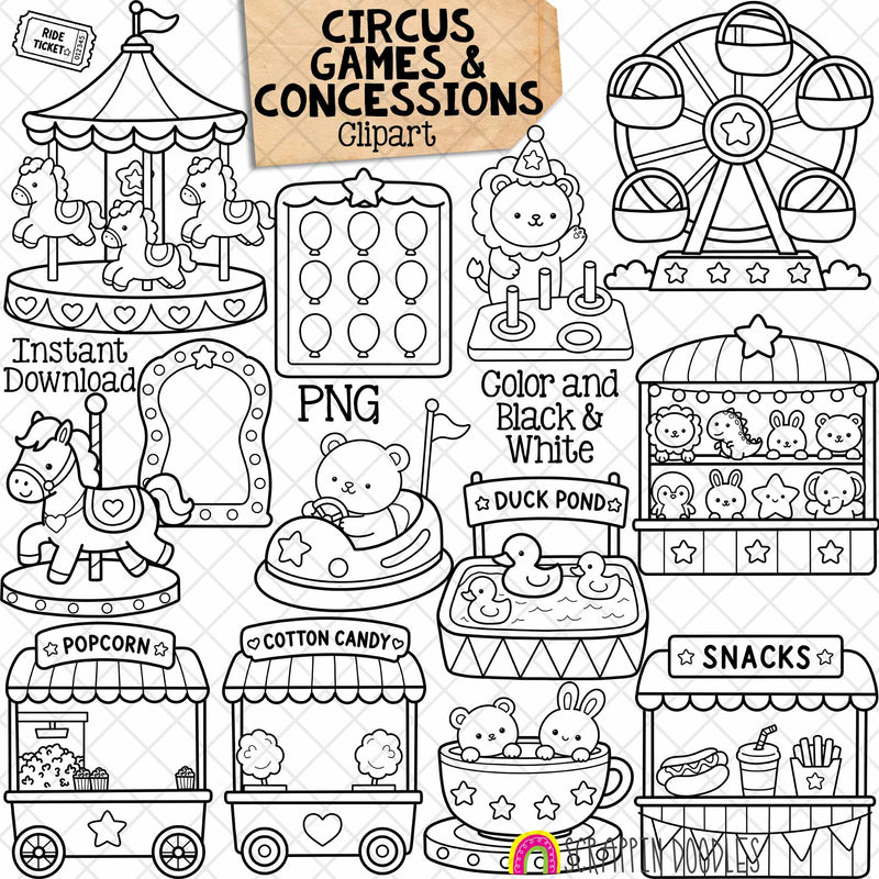 A black and white line art clipart set themed around a carnival or fairground, featuring illustrations of a carousel, Ferris wheel, ride, duck pond, popcorn stand, cotton candy stand, and snacks stand, with text labels including 'CIRCUS GAMES & CONCESSIONs Clipart' and 'Instant Download PNG'.