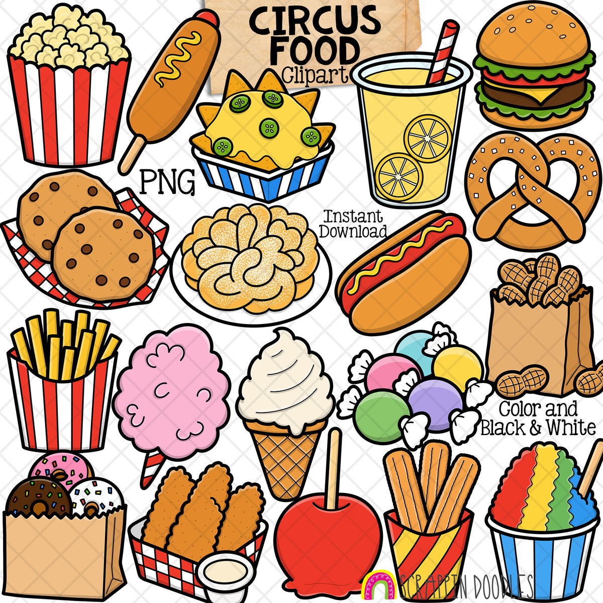 A digital clipart collection of various fast food illustrations, including popcorn, a hot dog, pretzel, cookies, candy, ice cream, and a rainbow slushie, labeled with text such as 'CIRCUS FOOD Clipart', 'PNG', and 'Instant Download'.