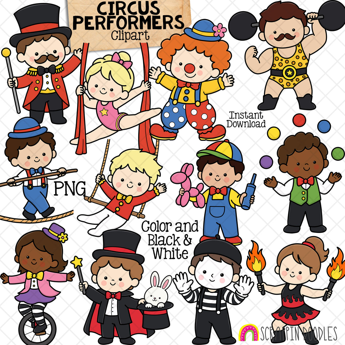 A digital clipart set featuring cartoon circus and performance-themed children, including a magician, acrobats, balloon boy, fire dancer, and others, with text reading 'CIRCUS PERFORMERS Clipart', 'Instant Download', 'PNG', and 'Color and Black & White'.