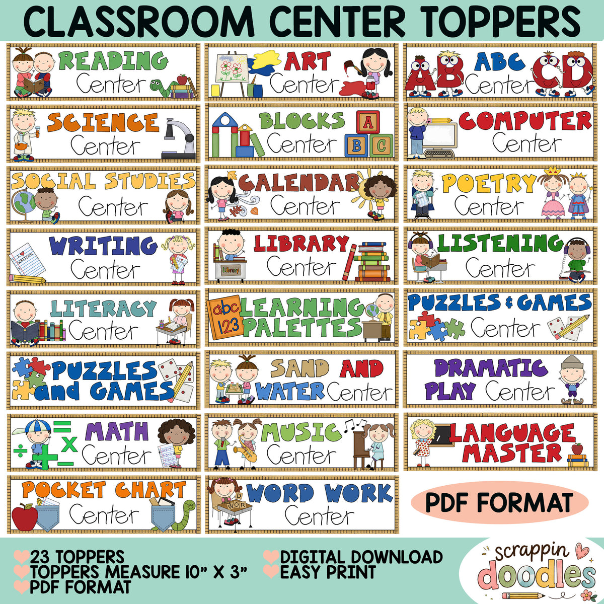 A digital preview sheet for a set of 23 classroom center toppers in PDF format, featuring various colorful educational-themed labels like 'Reading Center', 'Art Center', 'Science Center', and 'Language Master' with cartoon illustrations.