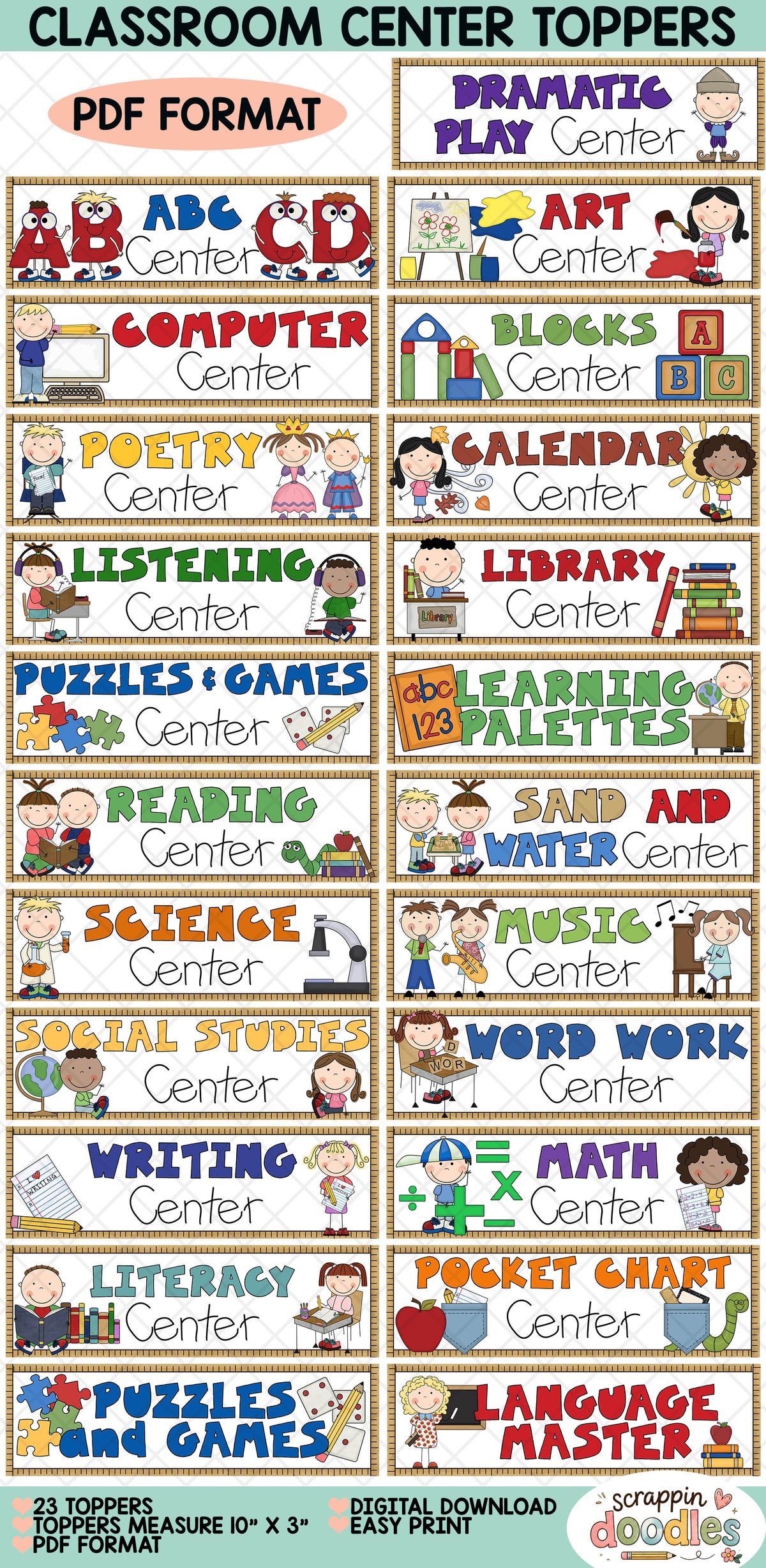 A grid of colorful classroom center activity labels on a white background, including centers like Alphabet, Art, Computer, Blocks, Poetry, Calendar, Listening, Library, Puzzles & Games, Learning Palettes, Reading, Sand and Water, Science, Music, Social Studies, Word Work, Writing, Math, Pocket Chart, and Language Master. Text at the top says Classroom Center Toppers and PDF Format.