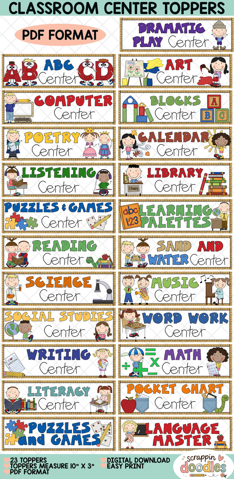 A grid of colorful classroom center activity labels on a white background, including centers like Alphabet, Art, Computer, Blocks, Poetry, Calendar, Listening, Library, Puzzles & Games, Learning Palettes, Reading, Sand and Water, Science, Music, Social Studies, Word Work, Writing, Math, Pocket Chart, and Language Master. Text at the top says Classroom Center Toppers and PDF Format.