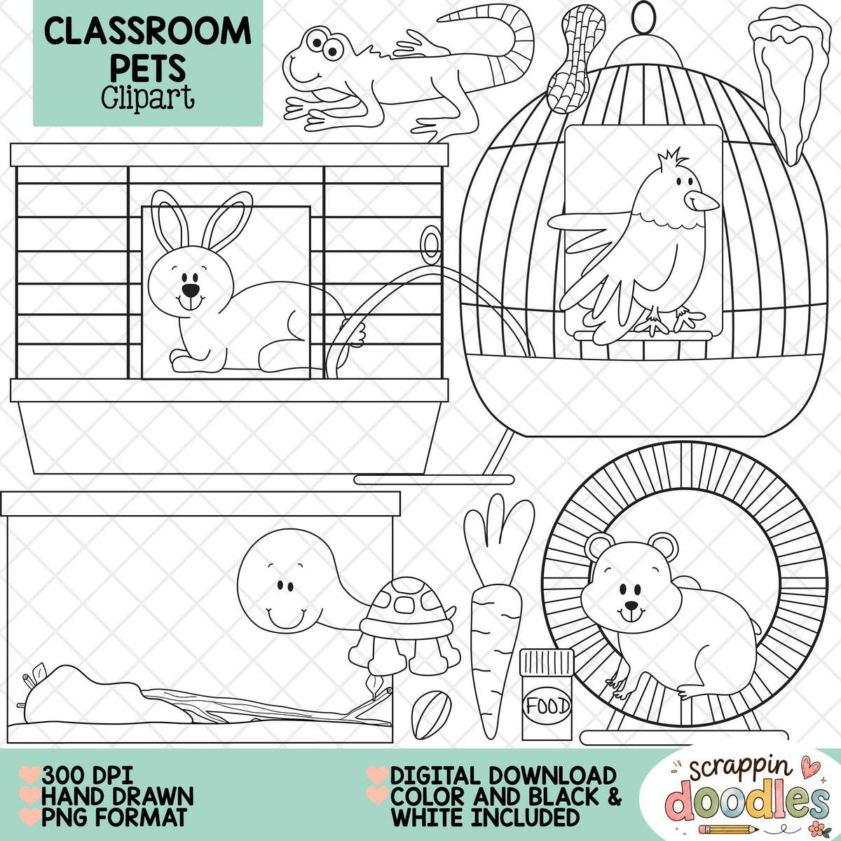 A digital clipart preview sheet titled 'CLASSROOM PETS Clipart' showing black-and-white line drawings of animals in classroom-themed settings: a rabbit in a cage, a bird in a birdhouse, a turtle with a carrot, and a hamster in a wheel. Text at the bottom says 300 DPI, hand drawn, PNG format, digital download, color and black & white included.