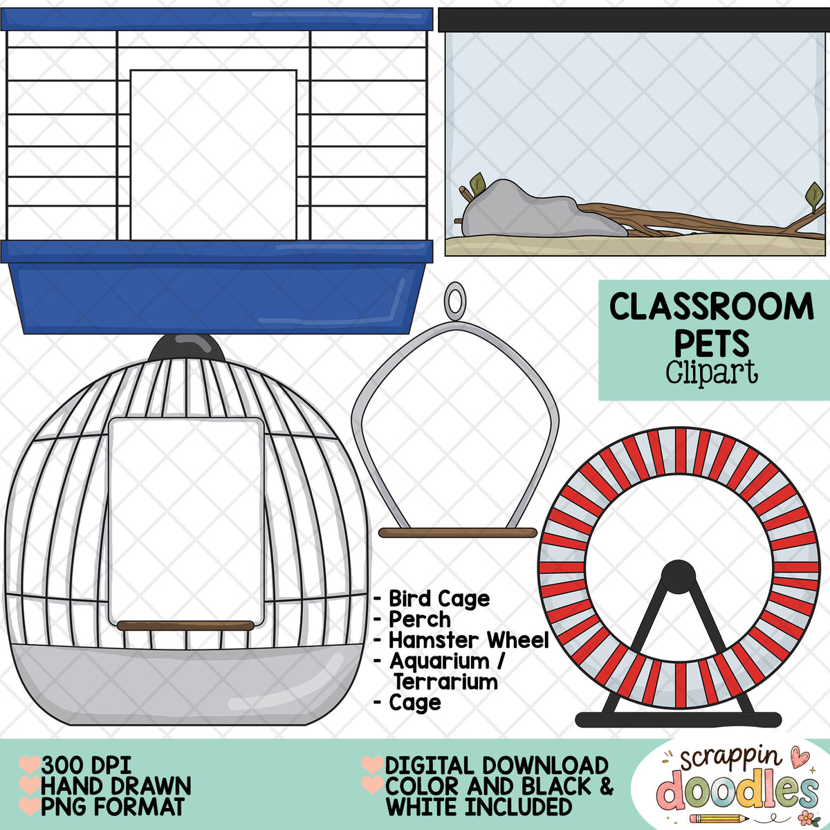 Digital clipart preview for classroom pet illustrations, including a bird cage, perch, hamster wheel, and cage, with text noting 300 DPI hand drawn PNG format and digital download color and black & white included.