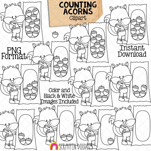 Counting Acorns ClipArt - Autumn Squirrels Acorn Counting - Seasonal Math Graphics - Commercial Use PNG