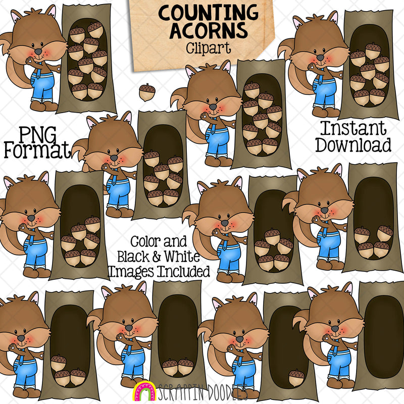 Counting Acorns ClipArt - Autumn Squirrels Acorn Counting - Seasonal Math Graphics - Commercial Use PNG