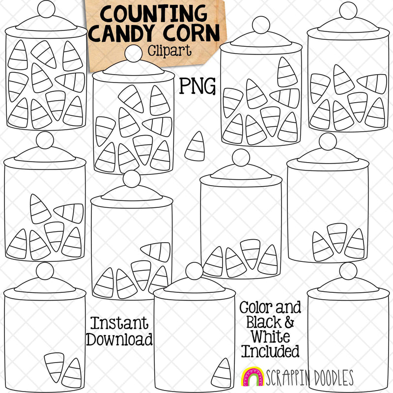 Counting Candy Corn ClipArt - Halloween Candies in Jar Counting - Seasonal Math Graphics - Commercial Use PNG