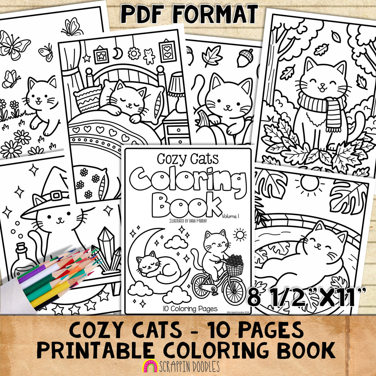 Cozy Cats Coloring Book - Cute Animal Character Coloring Pages - Printable PDF