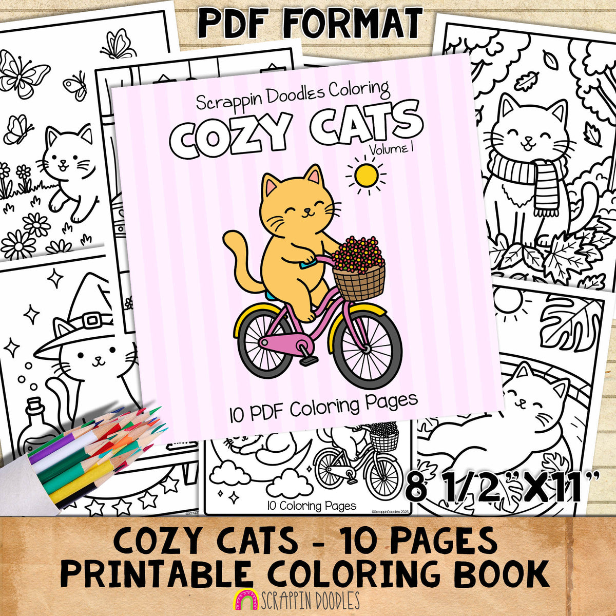 Cozy Cats Coloring Book - Cute Animal Character Coloring Pages - Printable PDF