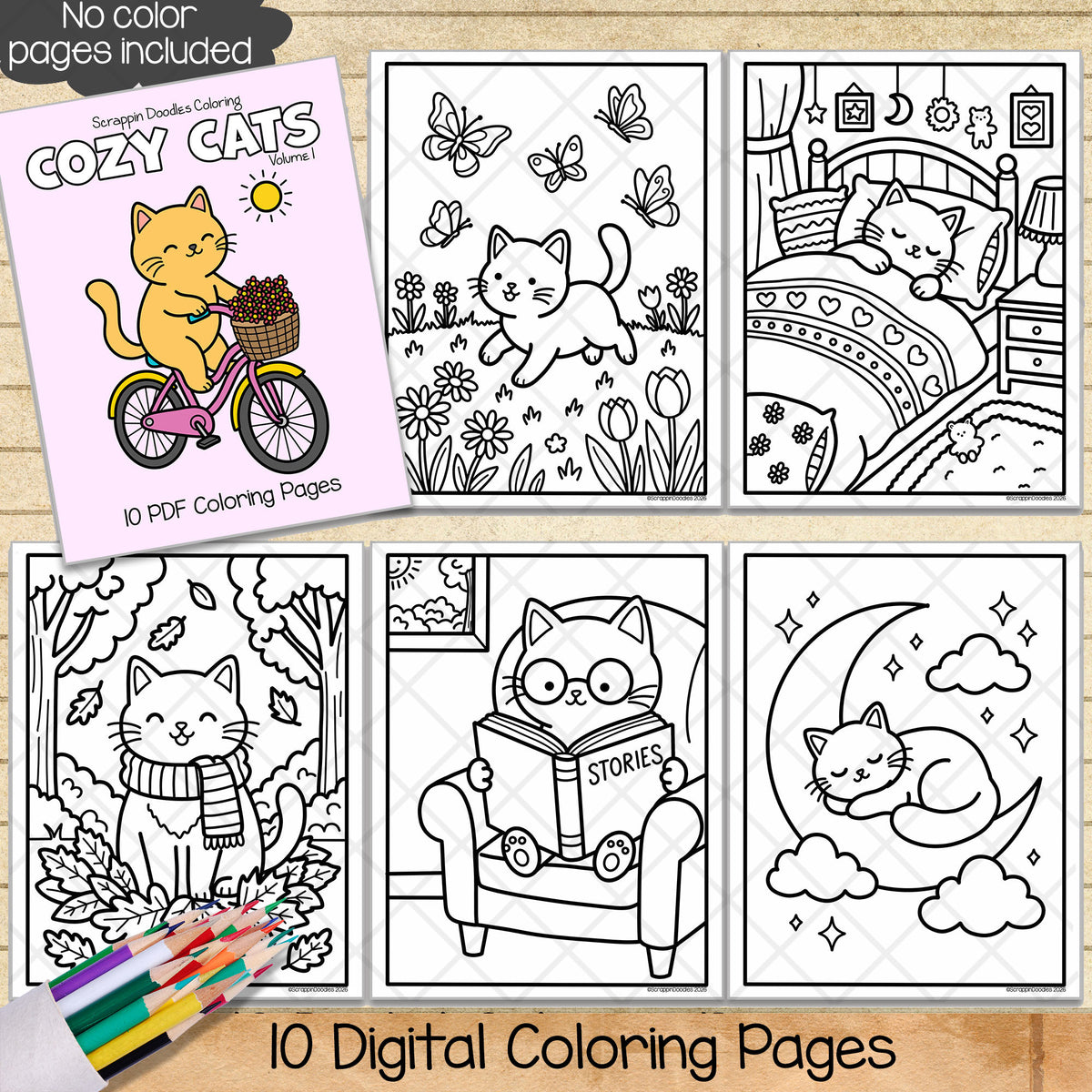 Cozy Cats Coloring Book - Cute Animal Character Coloring Pages - Printable PDF