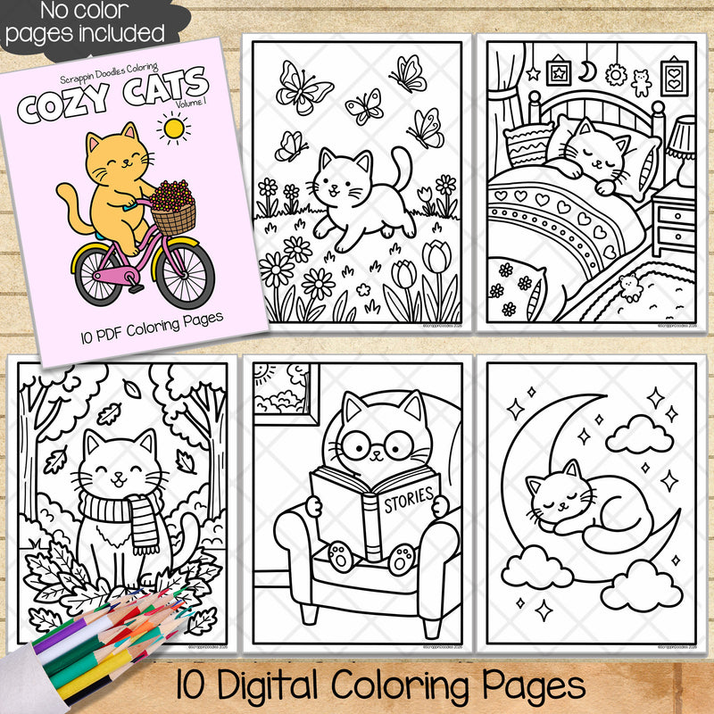 Cozy Cats Coloring Book - Cute Animal Character Coloring Pages - Printable PDF