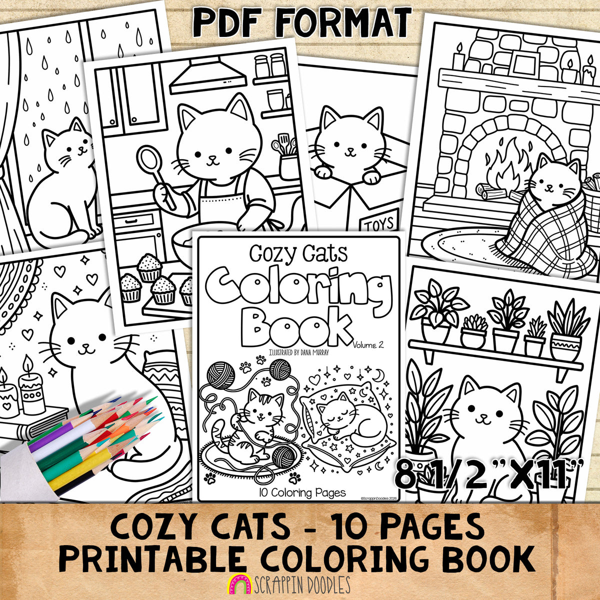Cozy Cats Coloring Book - Volume 2 - Cute Animal Character Coloring Pages - Printable PDF