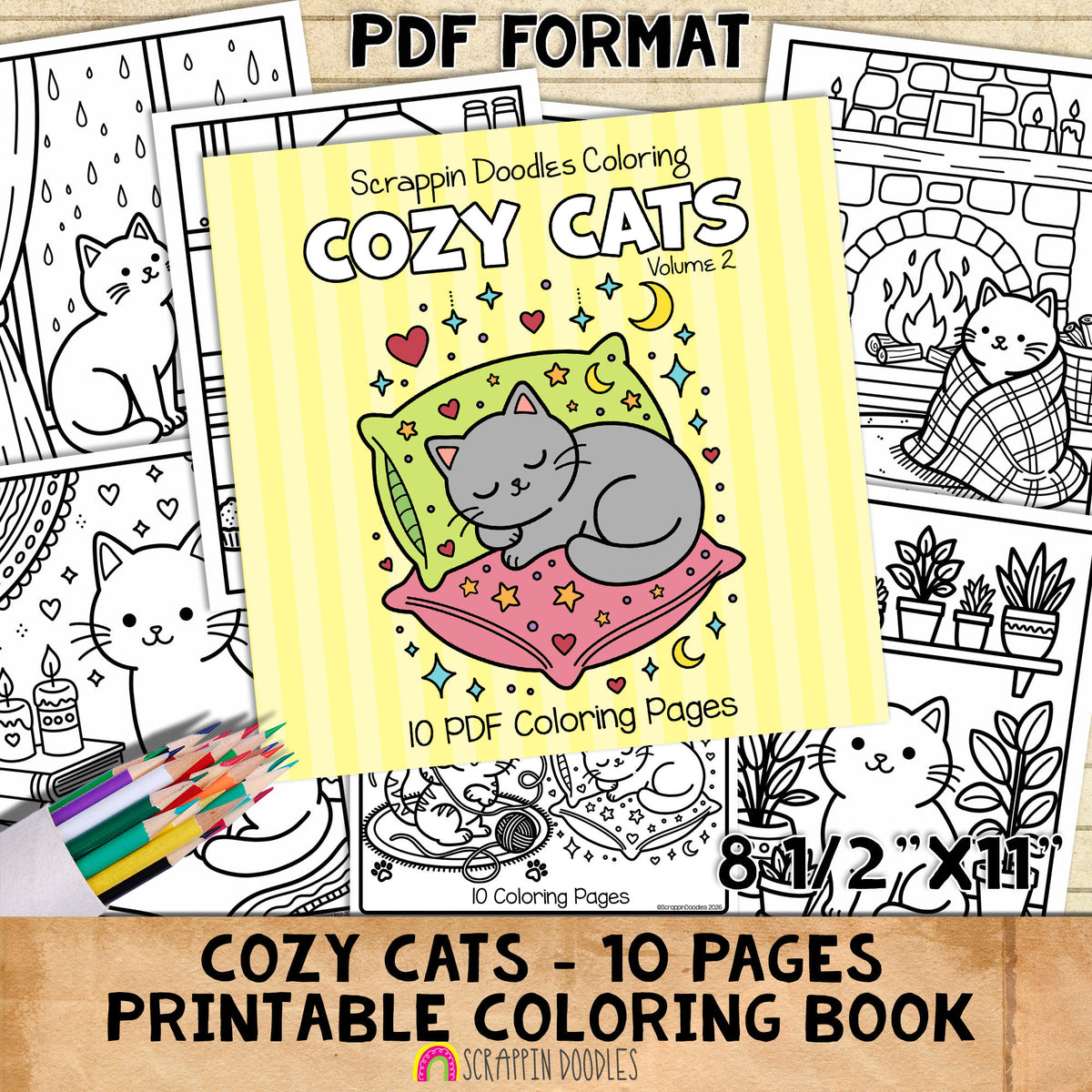 Cozy Cats Coloring Book - Volume 2 - Cute Animal Character Coloring Pages - Printable PDF