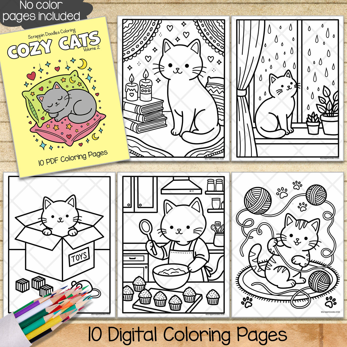 Cozy Cats Coloring Book - Volume 2 - Cute Animal Character Coloring Pages - Printable PDF