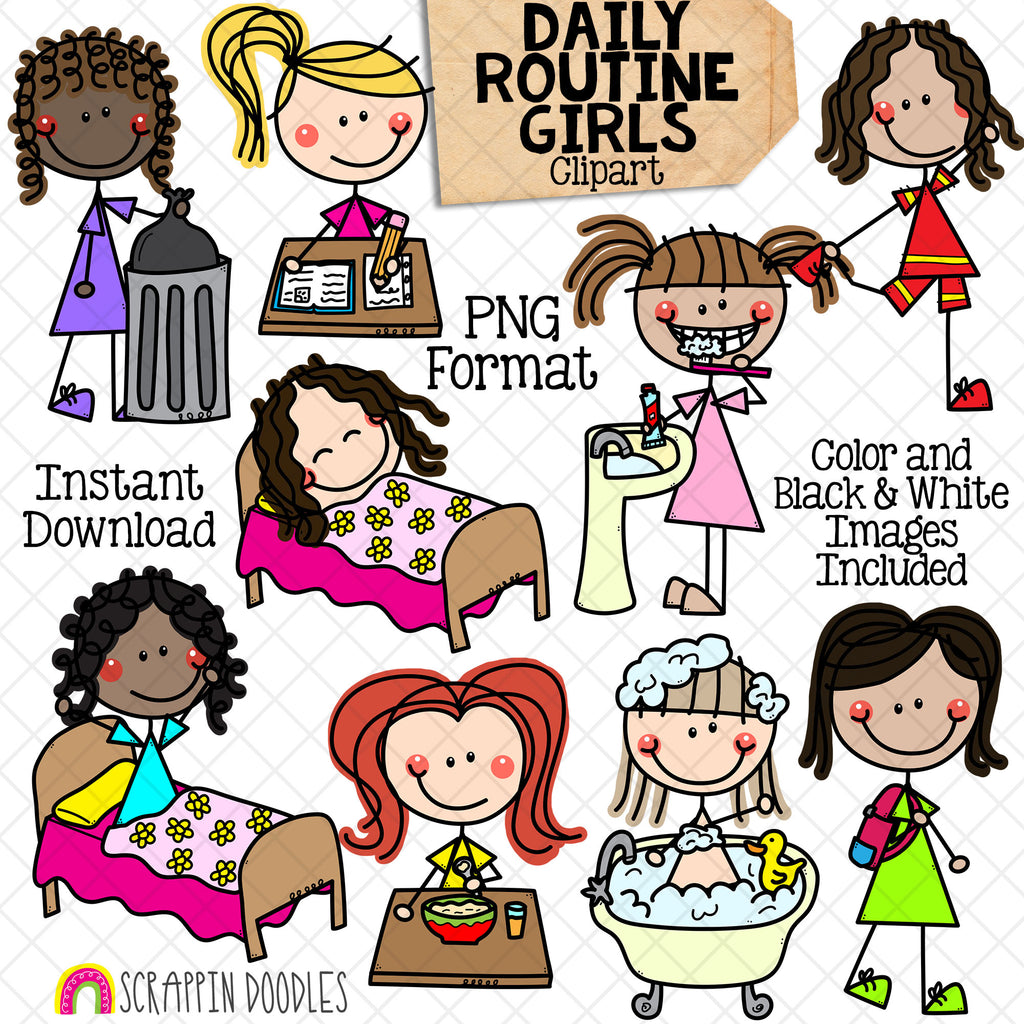 Daily Routine ClipArt - Doodle Girls Clip Art - Kids - Chores - Brushi ...