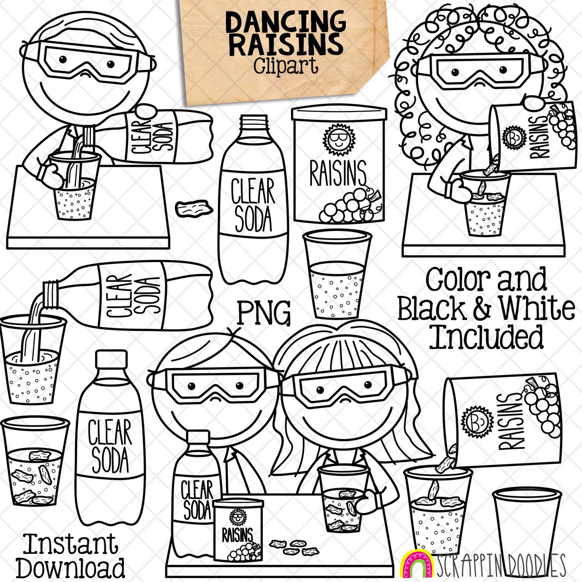 Dancing Raisins CO2 Experiment Clip Art - Carbon Dioxide Experiments - Scientist - Vinegar - Kids Science - Baking Soda - CU PNG Sublimation