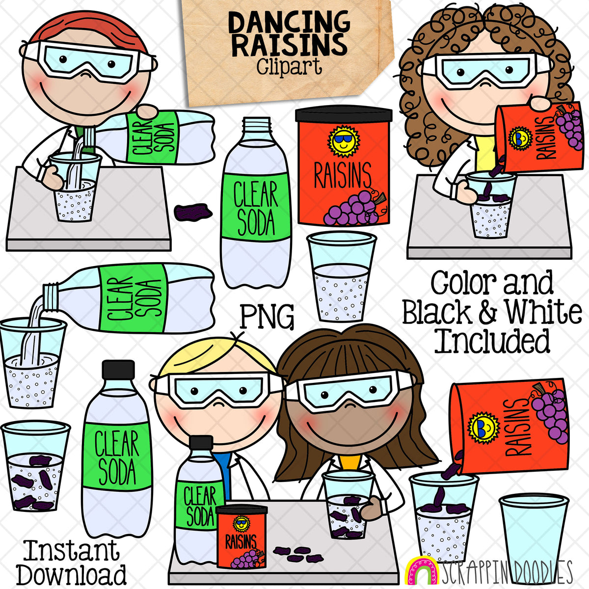 Dancing Raisins CO2 Experiment Clip Art - Carbon Dioxide Experiments - Scientist - Vinegar - Kids Science - Baking Soda - CU PNG Sublimation