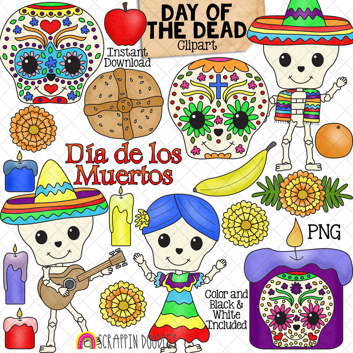 Day of the Dead Clip Art - Día de los Muertos - Skeletons - Fruit - Marigolds - Candles - Celebration - Aztec - Mexico - CU PNG Sublimation