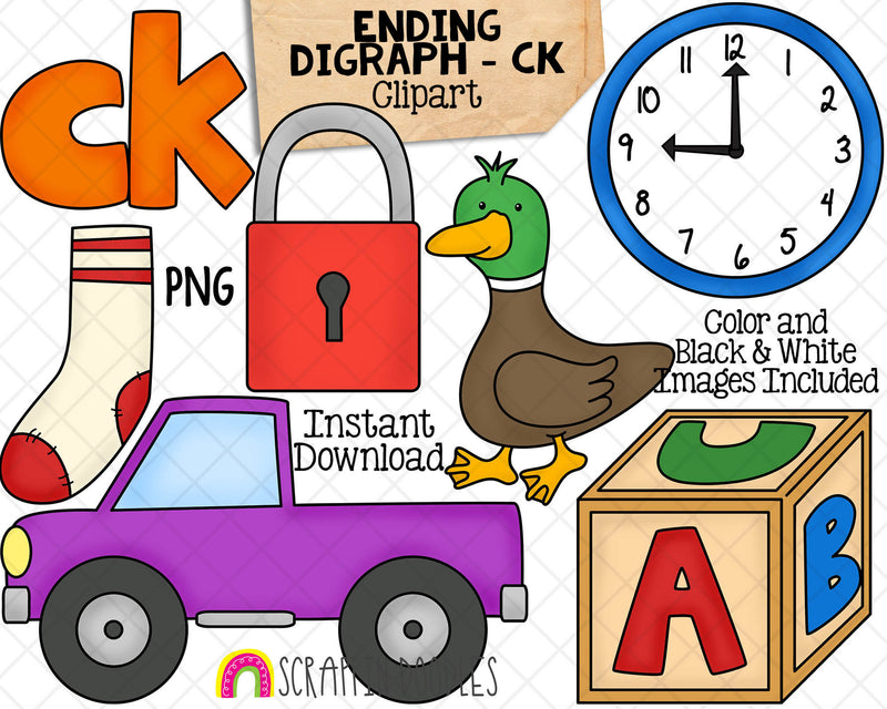 Ending Digraph Clip Art - Words Ending With CK - Commercial Use PNG Sublimation
