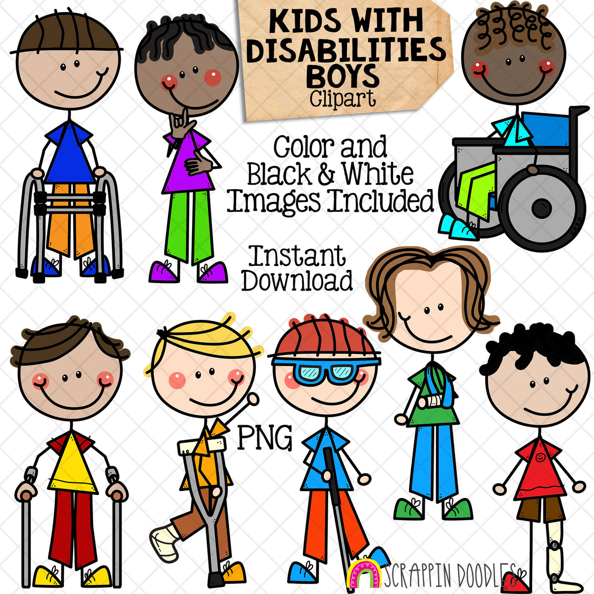 Disabilities Clipart - Disability - Disabled - Doodle Boys - Kids - Wheelchair - Crutches - Broken Arm - Leg Cast - Blind - Deaf - Walker - Hand Drawn PNG - Commercial Use Allowed