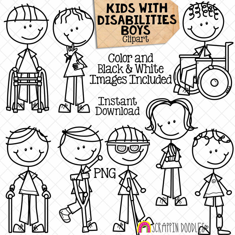Disabilities Clipart - Disability - Disabled - Doodle Boys - Kids - Wheelchair - Crutches - Broken Arm - Leg Cast - Blind - Deaf - Walker - Hand Drawn PNG - Commercial Use Allowed
