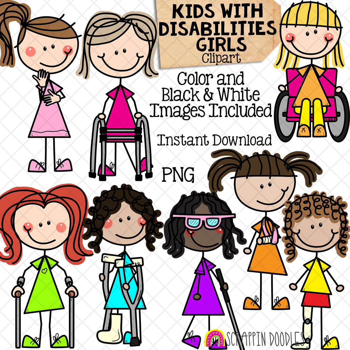 Disabilities Clipart - Disability - Disabled - Doodle Girls - Kids - Wheelchair - Crutches - Broken Arm - Leg Cast - Blind - Deaf - Walker - Hand Drawn PNG - Commercial Use Allowed