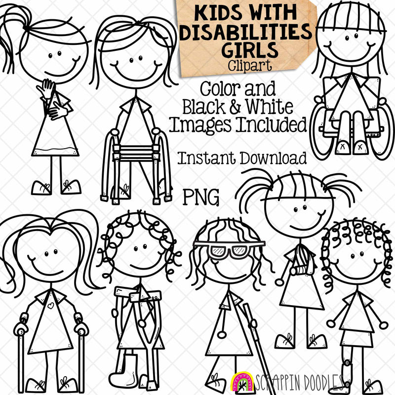 Disabilities Clipart - Disability - Disabled - Doodle Girls - Kids - Wheelchair - Crutches - Broken Arm - Leg Cast - Blind - Deaf - Walker - Hand Drawn PNG - Commercial Use Allowed