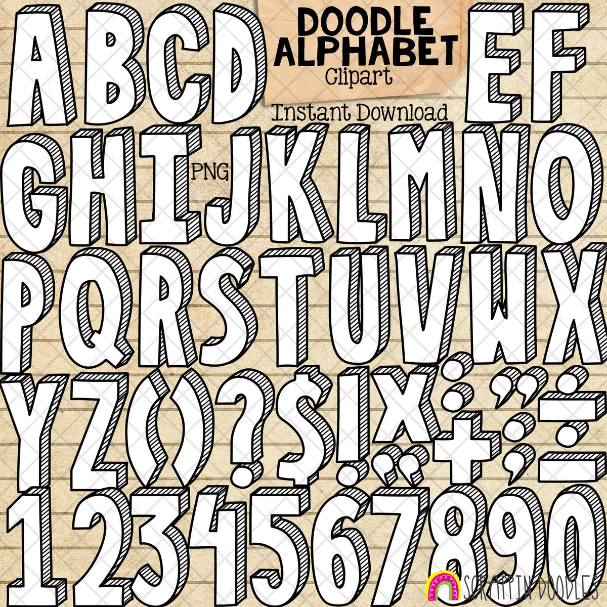 Doodle Alphabet 1 Clip Art - Hand Drawn Letters - BUJO - Planner Doodles - Upper Case - Lower Case - Punctuation - CU PNG Sublimation