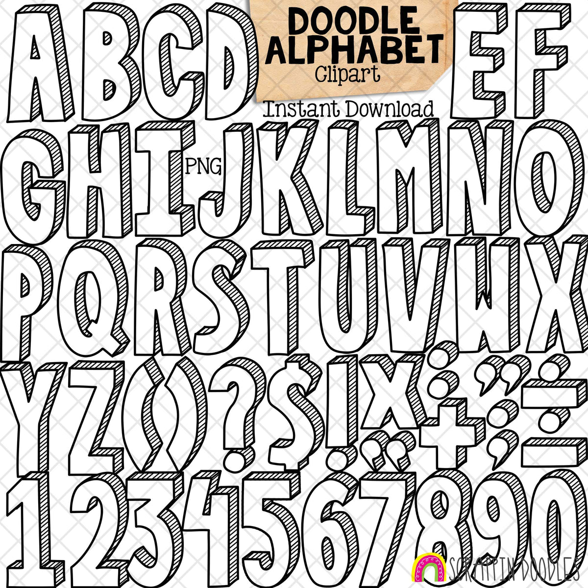 Doodle Alphabet 1 Clip Art - Hand Drawn Letters - BUJO - Planner Doodles - Upper Case - Lower Case - Punctuation - CU PNG Sublimation