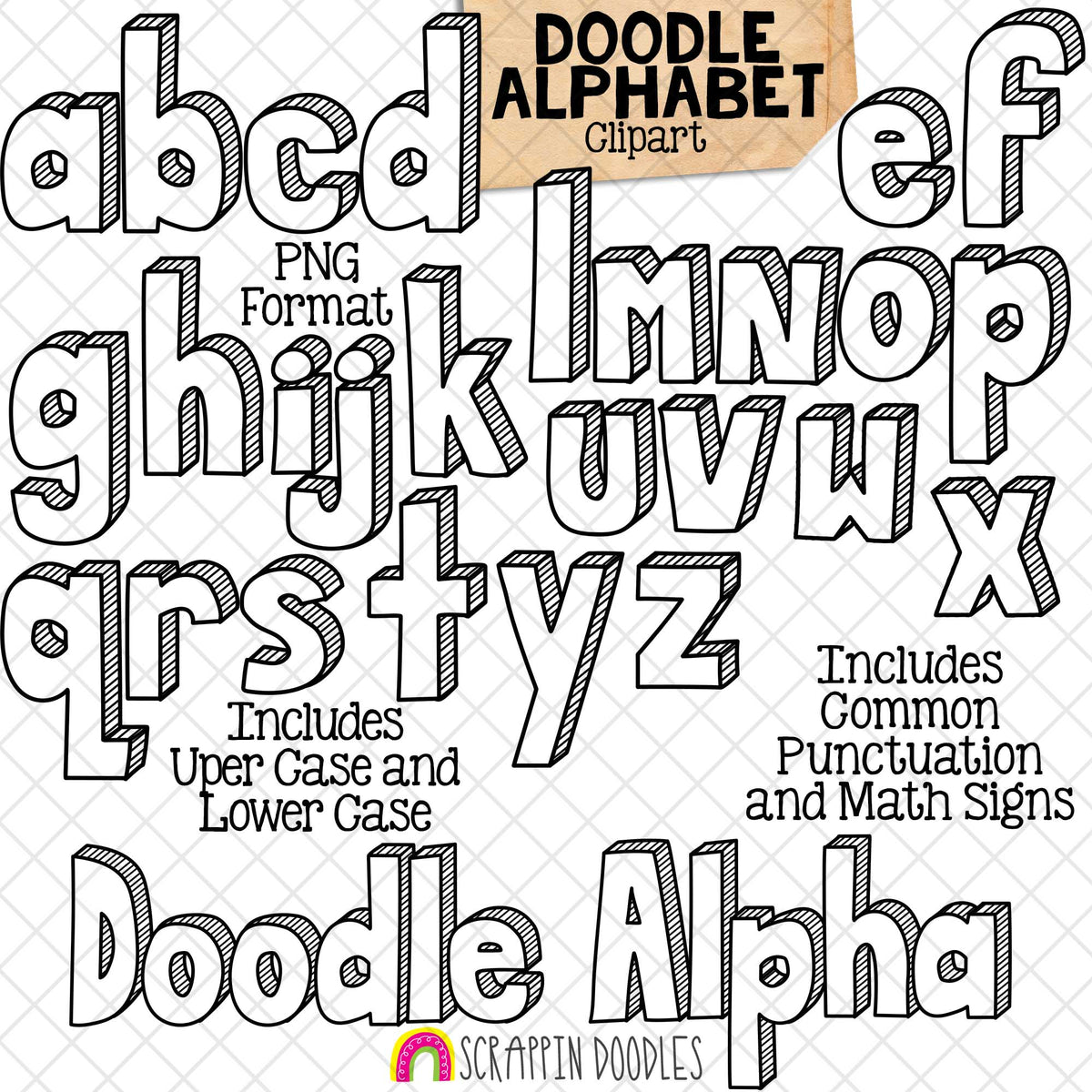Doodle Alphabet 1 Clip Art - Hand Drawn Letters - BUJO - Planner Doodles - Upper Case - Lower Case - Punctuation - CU PNG Sublimation