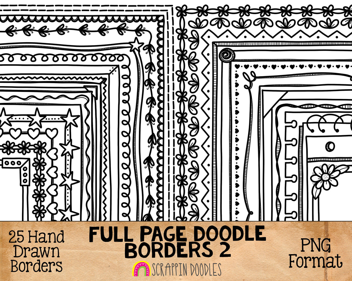 Doodle Borders 2&nbsp; ClipArt - Full Page Hand Drawn Frames - Cover Page Borders - Rectangle Borders - Hand Doodled Frames - BUJO