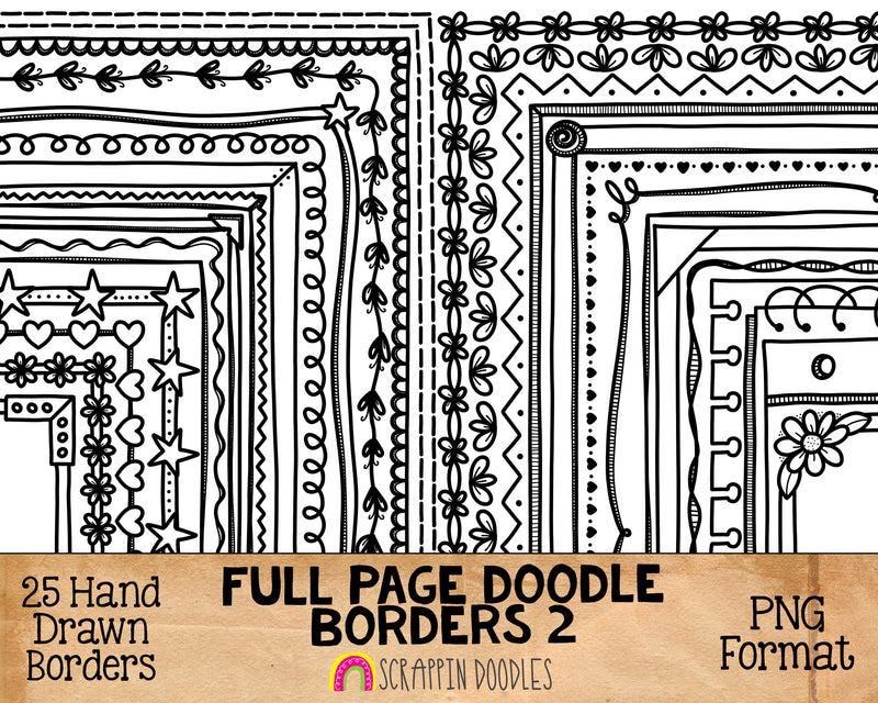 Doodle Borders 2&nbsp; ClipArt - Full Page Hand Drawn Frames - Cover Page Borders - Rectangle Borders - Hand Doodled Frames - BUJO