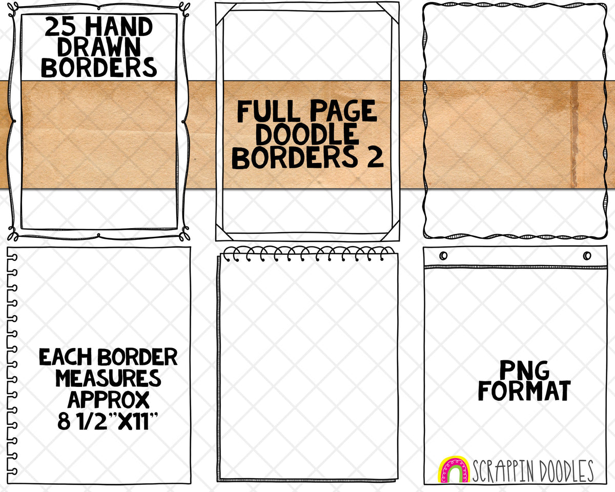 Doodle Borders 2&nbsp; ClipArt - Full Page Hand Drawn Frames - Cover Page Borders - Rectangle Borders - Hand Doodled Frames - BUJO