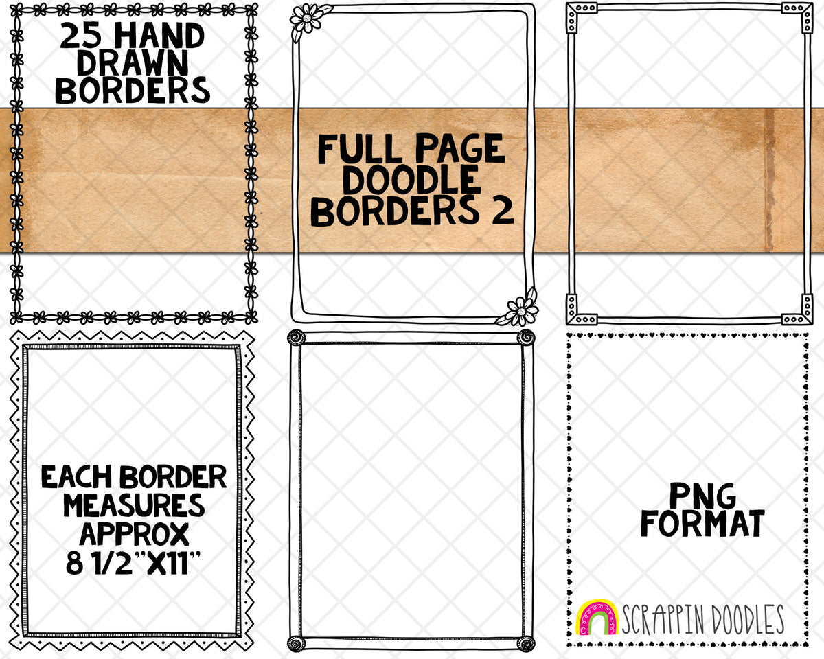 Doodle Borders 2&nbsp; ClipArt - Full Page Hand Drawn Frames - Cover Page Borders - Rectangle Borders - Hand Doodled Frames - BUJO